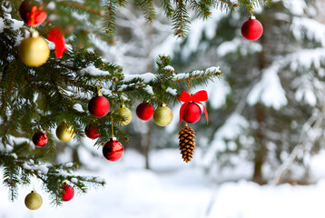 Christmas toys hanging on a snowy fir branch