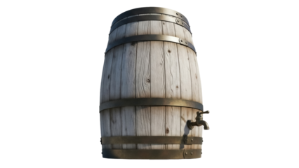 Wooden barrel with spigot isolated PNG, rustic container for beverages on transparent background, vintage keg for storage and serving