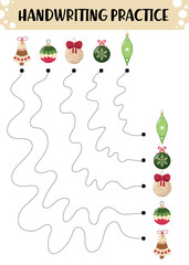 Christmas handwriting worksheet for preschoolers featuring curvy dotted lines connecting matching ornaments and bells