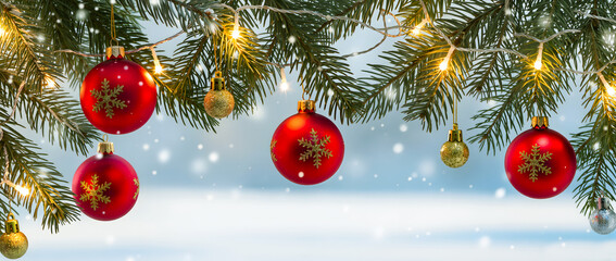 Christmas toys hanging on a snowy fir branch on a bokeh background