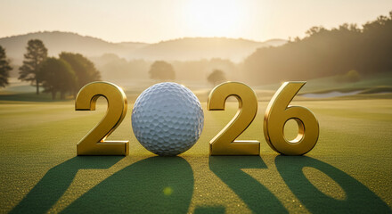 Golf ball between golden numeral 2026 on green course, representing upcoming year, golf event or sport achievement against soft light background