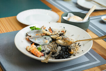 Empty Plate of Seafood Squid Ink Risotto After Finished Meal