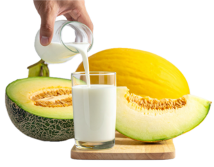 A hand pouring white creamy milk into long glass of melon milk isolated on white background.