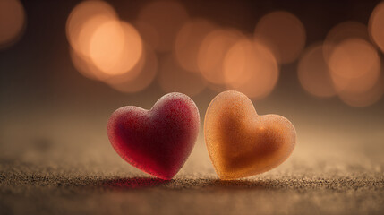 Two heart-shaped objects symbolizing love and affection, with a soft bokeh background