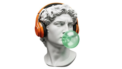 David statue with headphones and bubble gum isolated PNG, classical sculpture with modern twist for art and design projects