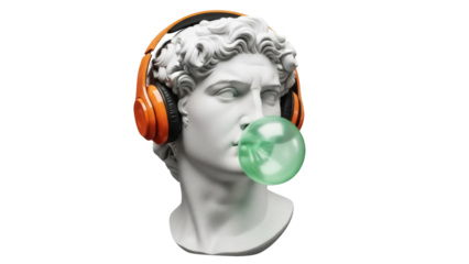 David statue with headphones and bubble gum isolated PNG, classical sculpture with modern twist for art and design projects