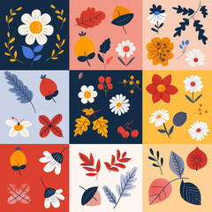Seasonal floral vector collection with flowers and leaves in flat minimalist style, colorful decorative elements for patterns and design