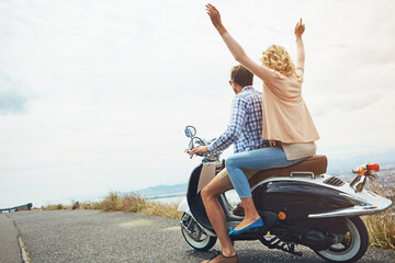 Freedom, road trip and love with couple on scooter for adventure, travel and bonding. Date,...