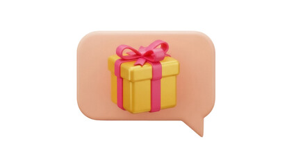 Golden gift box with pink ribbon in speech bubble isolated PNG, present for online messaging and social media communication
