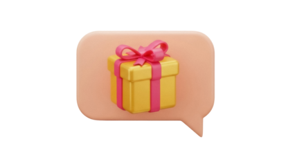 Golden gift box with pink ribbon in speech bubble isolated PNG, present for online messaging and social media communication