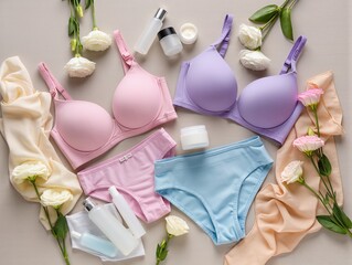 Pastel lingerie set featuring pink, blue, and mint bras with matching panties, accented by flowers and beauty products for a fresh, feminine lifestyle scene suitable for fashion and wellness campaigns