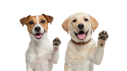 Fototapeta premium Two Happy Dogs, Jack Russell Terrier and Labrador Retriever Puppy, Waving Paws on White Background