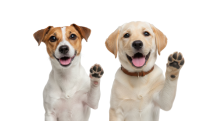 Two Happy Dogs, Jack Russell Terrier and Labrador Retriever Puppy, Waving Paws on White Background