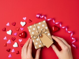 Gift Box With Brown Polka Dot Wrapping Tied With Twine On Bright Red Background. A neatly wrapped gift in brown paper with white polka dots, secured by rustic twine and a blank tag. 