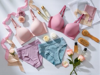 Pastel lingerie set featuring pink, blue, and mint bras with matching panties, accented by flowers and beauty products for a fresh, feminine lifestyle scene suitable for fashion and wellness campaigns