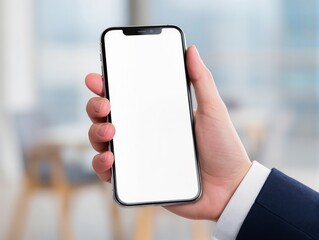 Hand Holding Smartphone With Blank Screen For Mockup, Modern Technology, Business Use, Close-Up Portrait. lose-up of a hand holding a smartphone with a blank white screen. Perfect for tech, business.