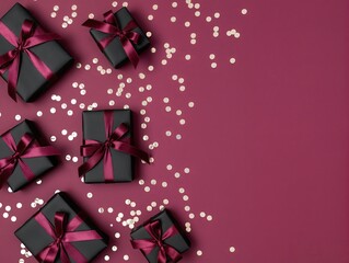 Elegant Black Gift Boxes With Bronze Ribbons On Magenta Background For Celebration And Gifts. Elegant black gift boxes with bronze ribbons lay on a bold magenta background, sprinkled with gold.