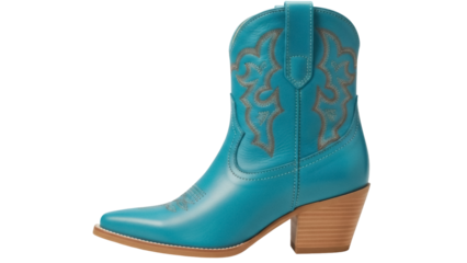 Isolated turquoise western cowboy boot with embroidery on toe and shaft in studio shot