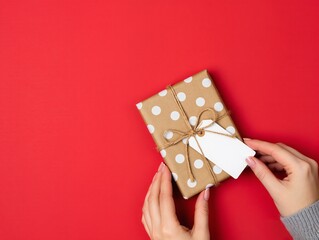 Gift Box With Brown Polka Dot Wrapping Tied With Twine On Bright Red Background. A neatly wrapped gift in brown paper with white polka dots, secured by rustic twine and a blank tag. 