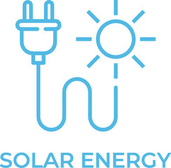 Blue line art icon of solar energy featuring a sun connected to an electric plug for renewable resource power concepts.