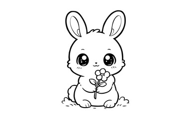 Cute kawaii bunny holding a flower in adorable black and white line art