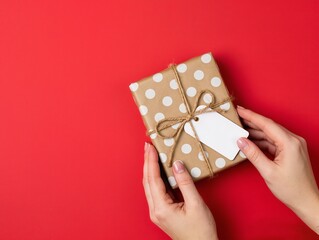 Gift Box With Brown Polka Dot Wrapping Tied With Twine On Bright Red Background. A neatly wrapped gift in brown paper with white polka dots, secured by rustic twine and a blank tag. 