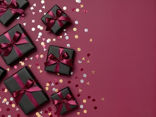 Elegant Black Gift Boxes With Bronze Ribbons On Magenta Background For Celebration And Gifts. Elegant black gift boxes with bronze ribbons lay on a bold magenta background, sprinkled with gold.