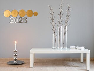 Festive Home Decor With Star Garland, White Vases, And 2026 On Wooden Tray Display. A modern festive still life featuring gold and silver star garlands arranged with white vases on a light wooden.