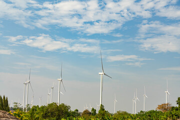Wind Turbines Farm for Renewable Energy under Bright Blue Sky