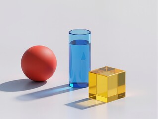 Geometric Shapes Composition With Sphere, Cube, Cylinder, And Pyramids In Studio Lighting. A modern still life featuring a metallic sphere, blue glass cube, red cylinder, and black pyramids arranged.