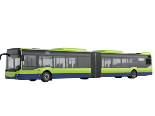 Isolated articulated city bus, public transportation, green and blue design, urban transport