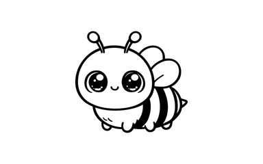Cute kawaii cartoon bee with big eyes in black and white style