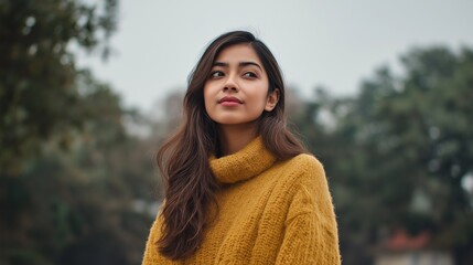 A serene young South Asian woman with long hair wearing a cozy mustard yellow turtleneck sweater, standing in a park with a blurred nature background.