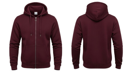 Blank Maroon Zippered Hoodie Product Shot with Front and Back Views Isolated on White Background