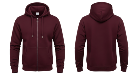 Blank Maroon Zippered Hoodie Product Shot with Front and Back Views Isolated on White Background
