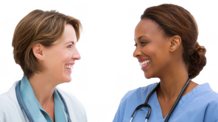 Two healthcare professionals wearing blue scrubs are sharing a cheerful moment, smiling at each other against a transparent background, creating a positive and collaborative medical environment