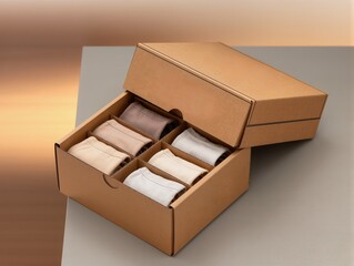 Gift Box With Spools of Thread and Natural Twine, Eucalyptus Leaves for Crafting and Packaging. Pastel thread spools lie neatly inside a kraft gift box, complemented by a ball of twine and a small.