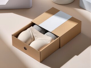 Gift Box With Spools of Thread and Natural Twine, Eucalyptus Leaves for Crafting and Packaging. Pastel thread spools lie neatly inside a kraft gift box, complemented by a ball of twine and a small.