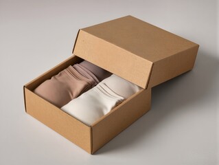 Gift Box With Spools of Thread and Natural Twine, Eucalyptus Leaves for Crafting and Packaging. Pastel thread spools lie neatly inside a kraft gift box, complemented by a ball of twine and a small.