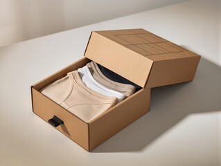 Gift Box With Spools of Thread and Natural Twine, Eucalyptus Leaves for Crafting and Packaging. Pastel thread spools lie neatly inside a kraft gift box, complemented by a ball of twine and a small.