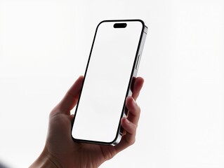 Hand Holding Smartphone With Blank Screen Isolated On White Background, Modern Mobile Phone. A close-up of a hand gripping a smartphone with a clean, white blank screen. Perfect for tech, mobile apps.