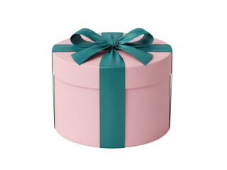 Isolated pale pink round gift box, wrapped with a shiny teal green ribbon and bow on top