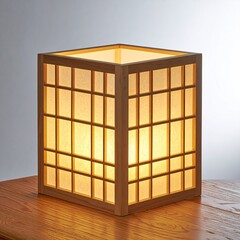 Square, light-wood lamp with translucent, paper-like panels