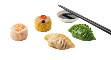 Assortment of various steamed and fried Asian dumplings with soy sauce and chopsticks isolated on white background