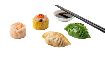 Assortment of various steamed and fried Asian dumplings with soy sauce and chopsticks isolated on white background