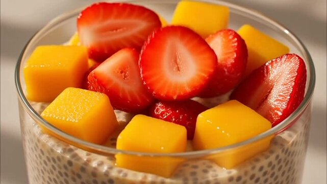Chia pudding with strawberries and mango chunks in a glass bowl  
