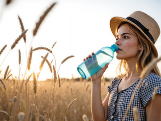 Eco-Friendly Hydration &ndash; Child with Reusable Water Bottle in Wheat Field for Sustainability Education and Wellness Campaigns