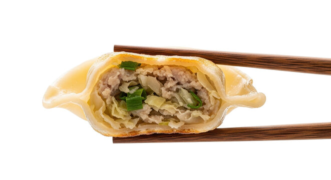 Fried Pork Dumpling Cut in Half, Revealing Filling, Held by Wooden Chopsticks, Isolated