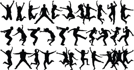 Large collection of energetic jumping people silhouettes, happy men and women dancing, active lifestyle concept vector isolated on white.
