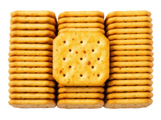 Isolated crunchy snack crackers stacked together for dipping and layering sandwiches